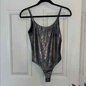 Forever 21 Black Holographic Trim Scoop Neck Bodysuit